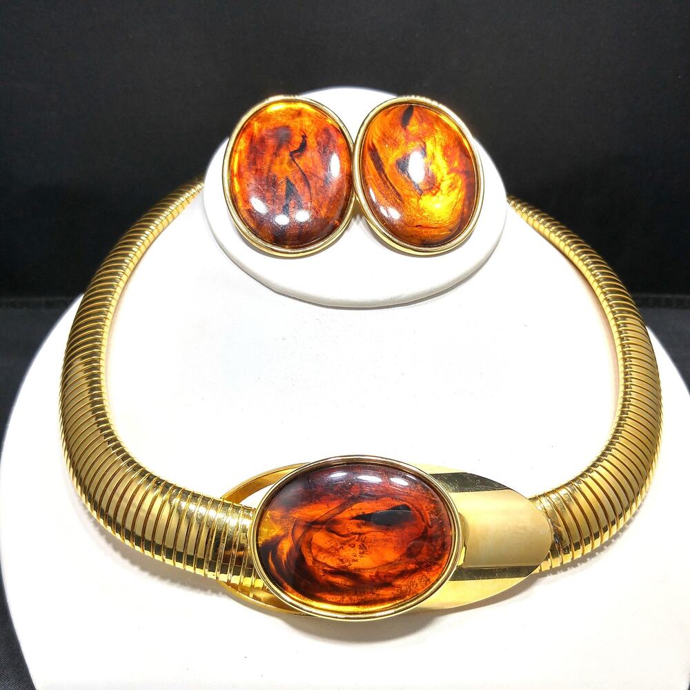 Vintage Omega Chain Necklace Faux Tortoise Lucite Earrings Set 18”